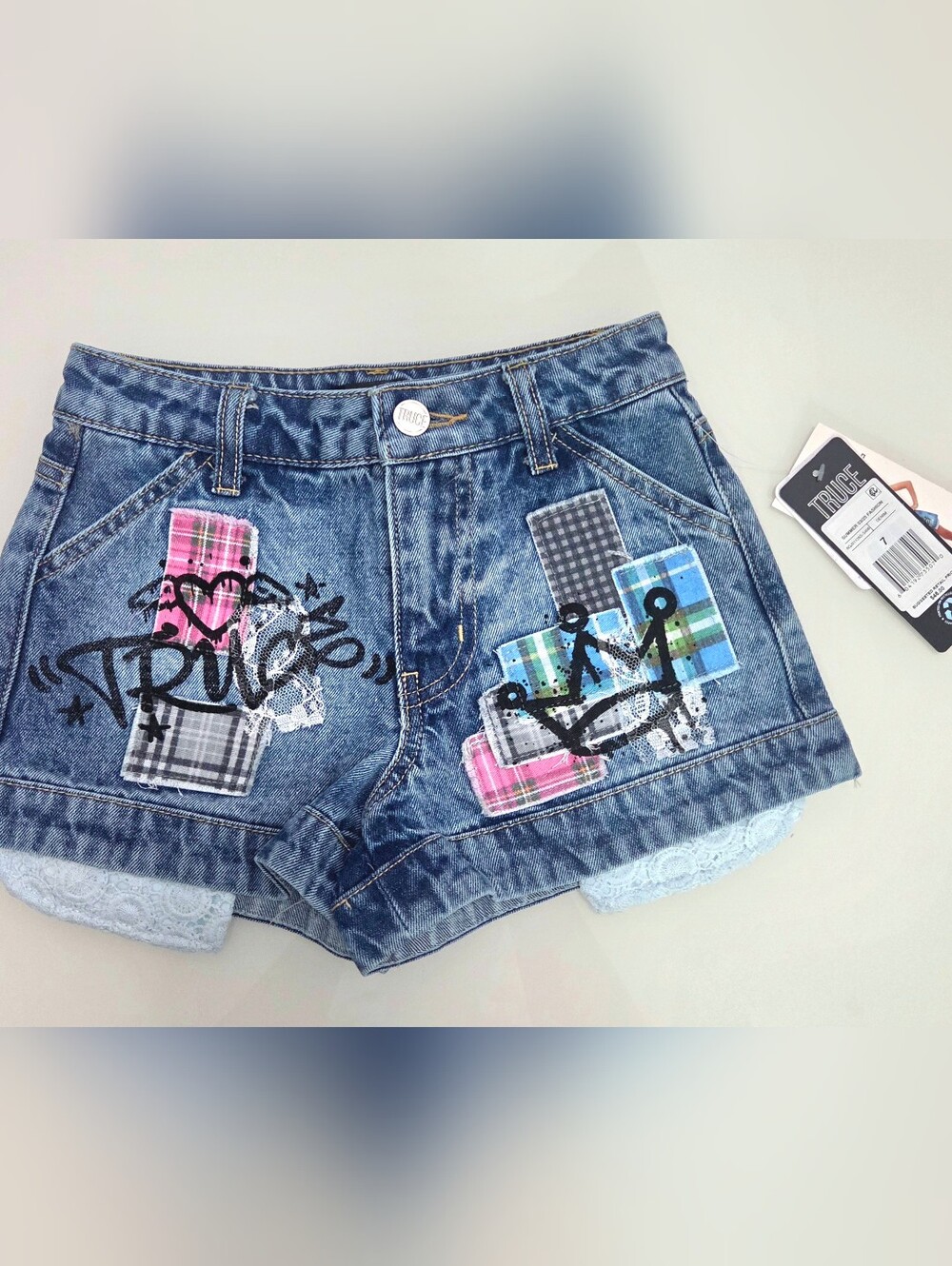 NWT TRUCE Denim Patchwork Jean Shorts w/Plaid, Lace and Graffiti Accents